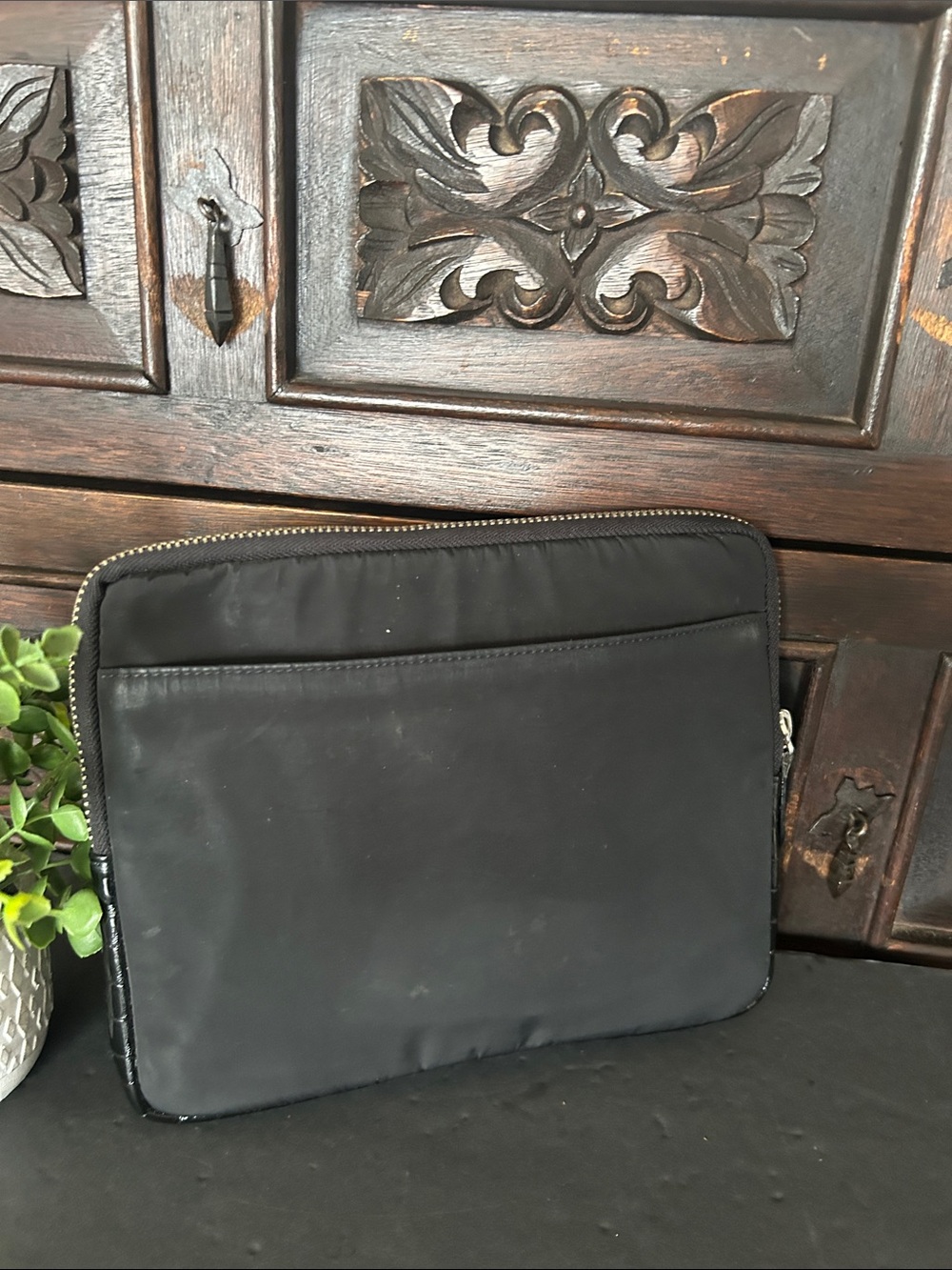 Men's Black Croc-Trim Laptop Sleeve with Front Zip Pocket - Picture 3 of 9